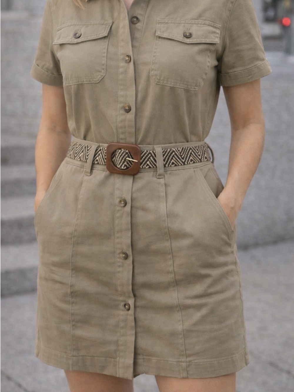 Lucky Brand Woven Belt with Wood Buckle (L/XL) (1.5 inch) Natural materials